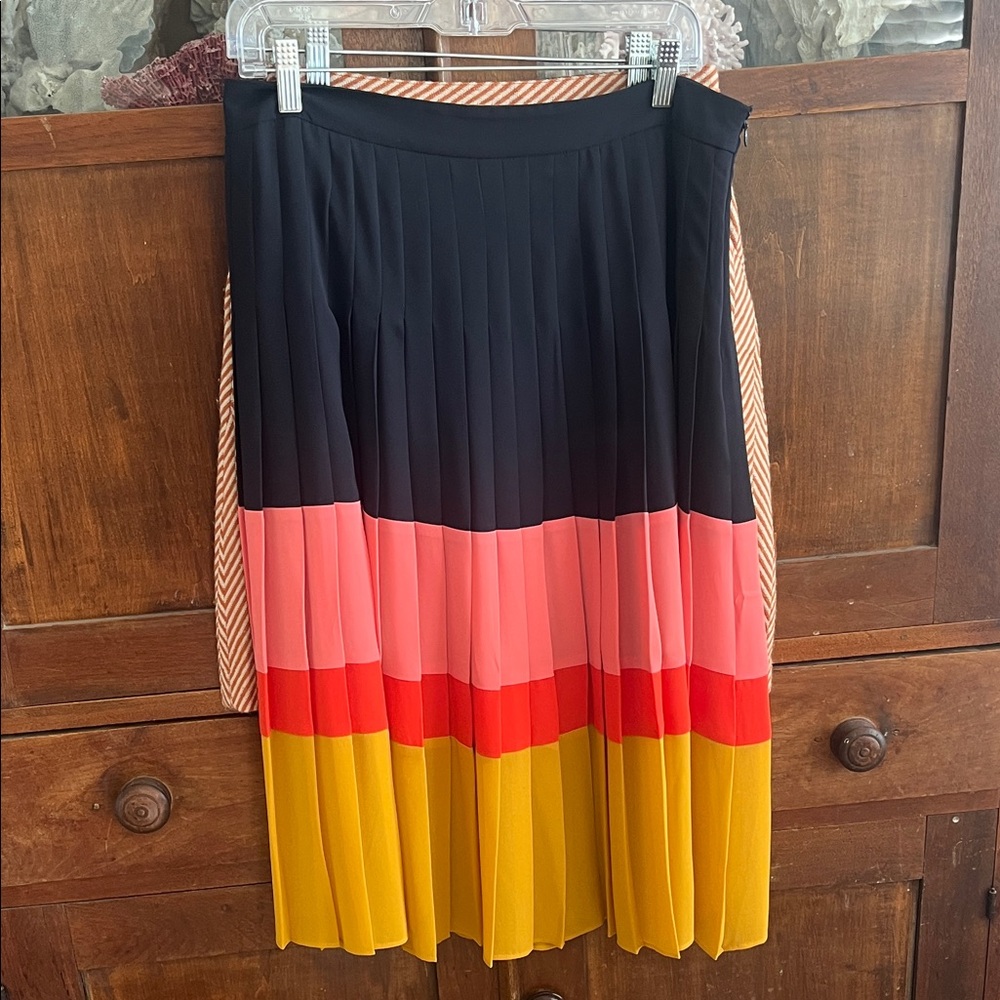 Ann Taylor Colorblock Pleated Midi Skirt in Black, Pink, Red & Mustard